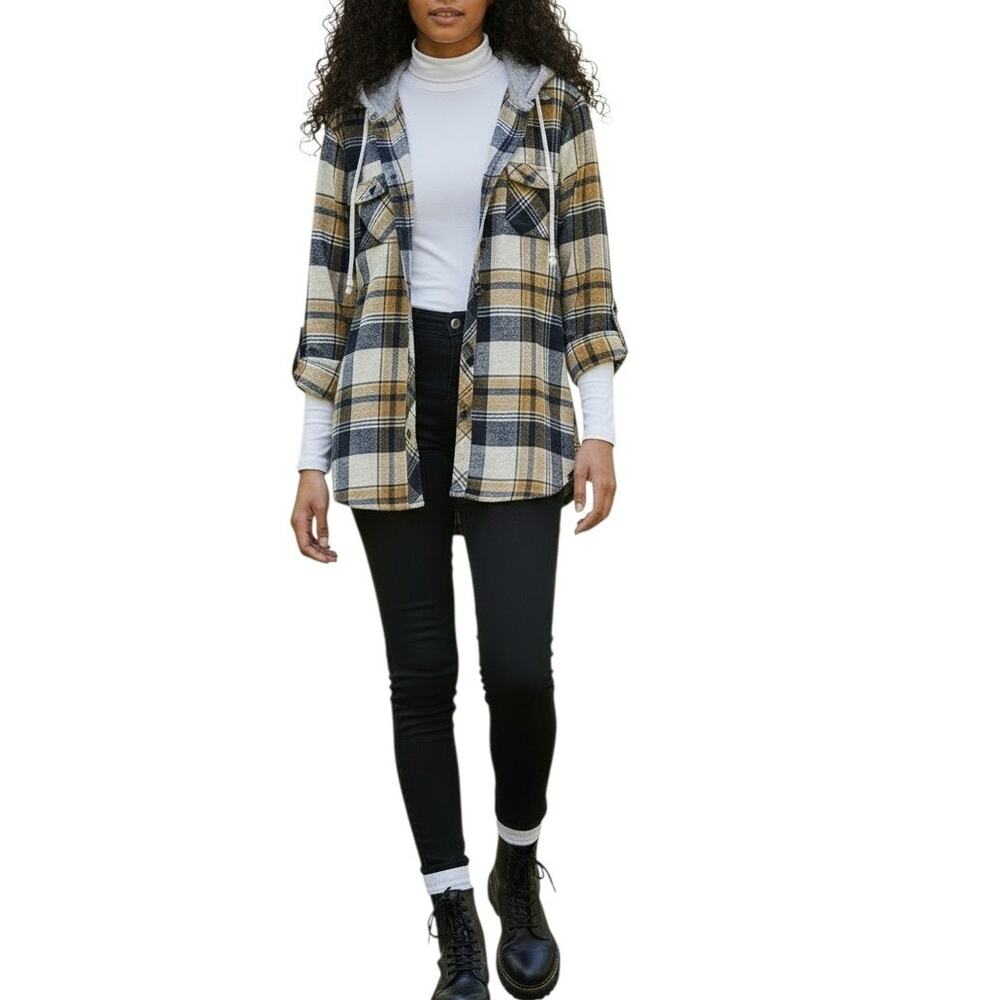 Adam Levine Women's Flannel Hooded Button Up Top, Tan Black White 2 of 5